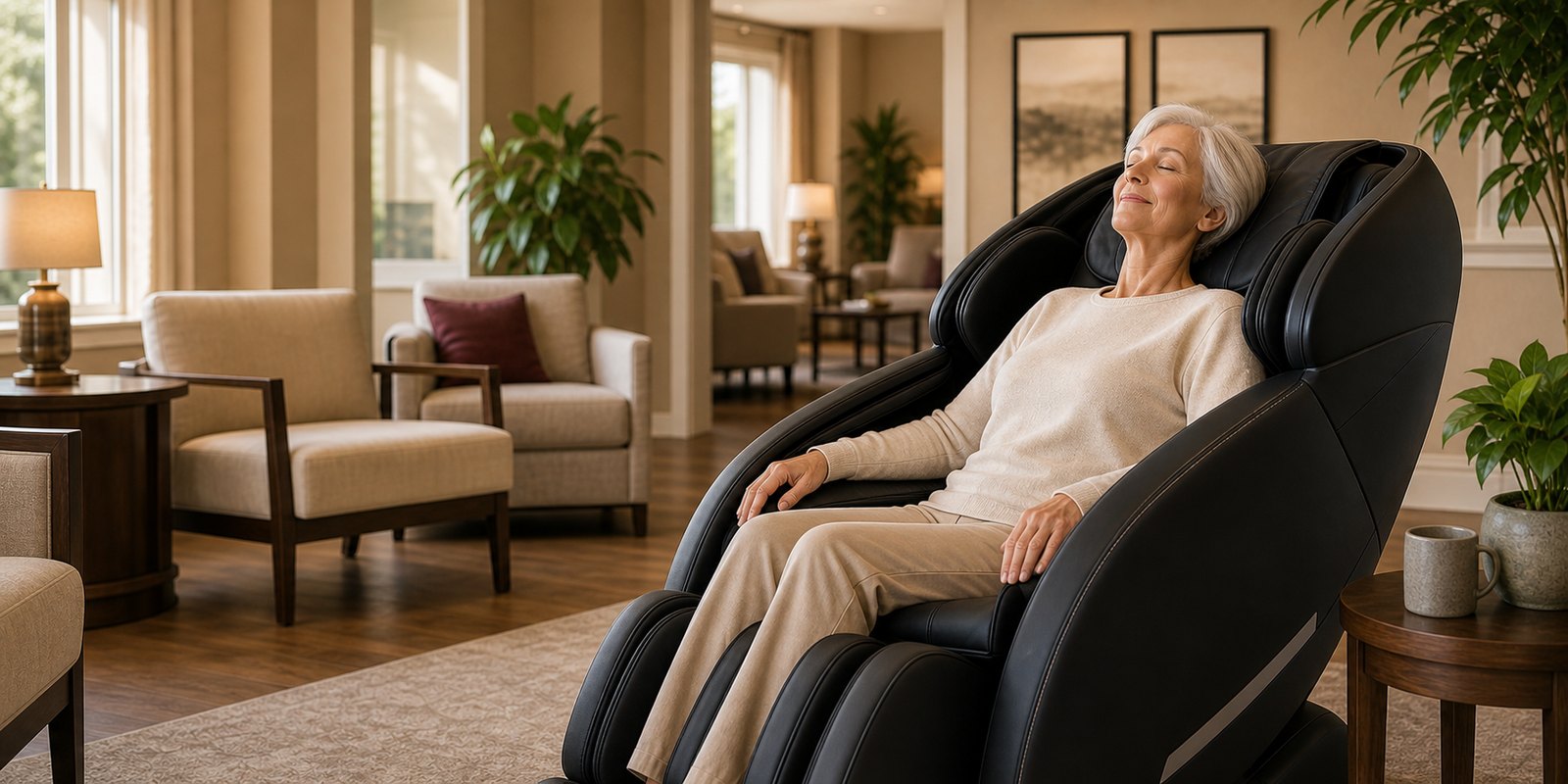 Older adult relaxing in a massage chair in a calm care facility wellness lounge