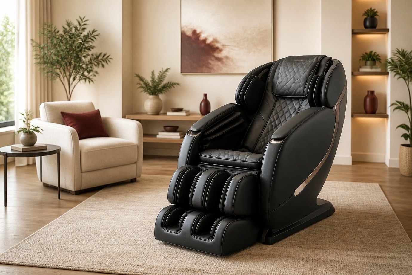 Black massage chair in a peaceful care wellness lounge