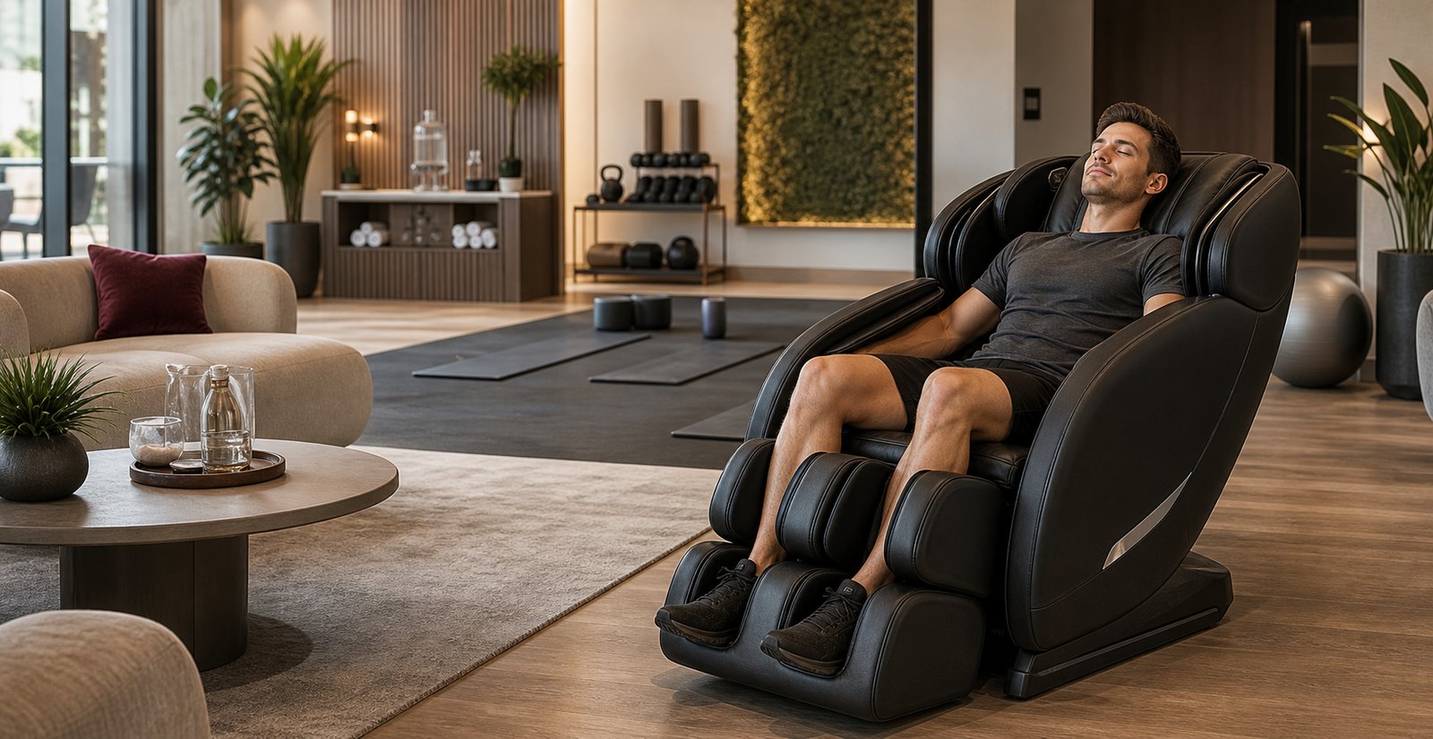Athletic adult relaxing in a massage chair in a fitness recovery lounge