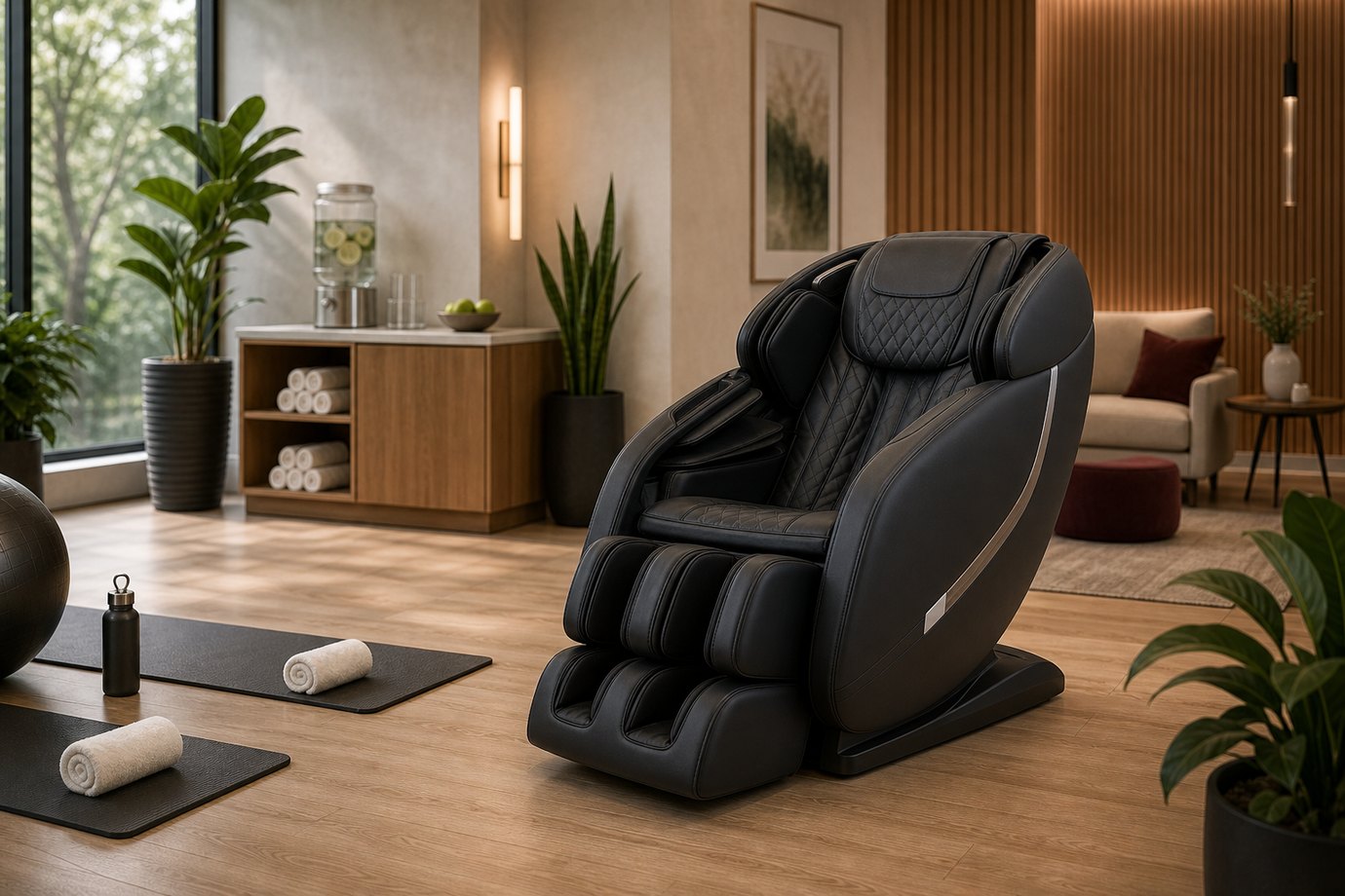 Black massage chair in a relaxing fitness recovery space