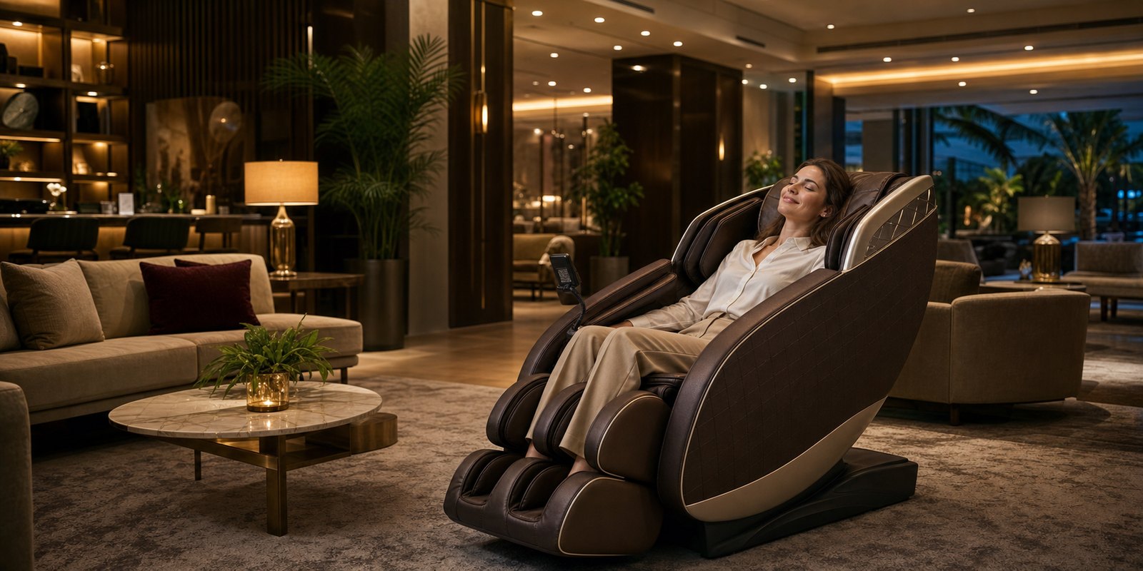 Guest relaxing in a premium massage chair in a luxury hospitality lounge