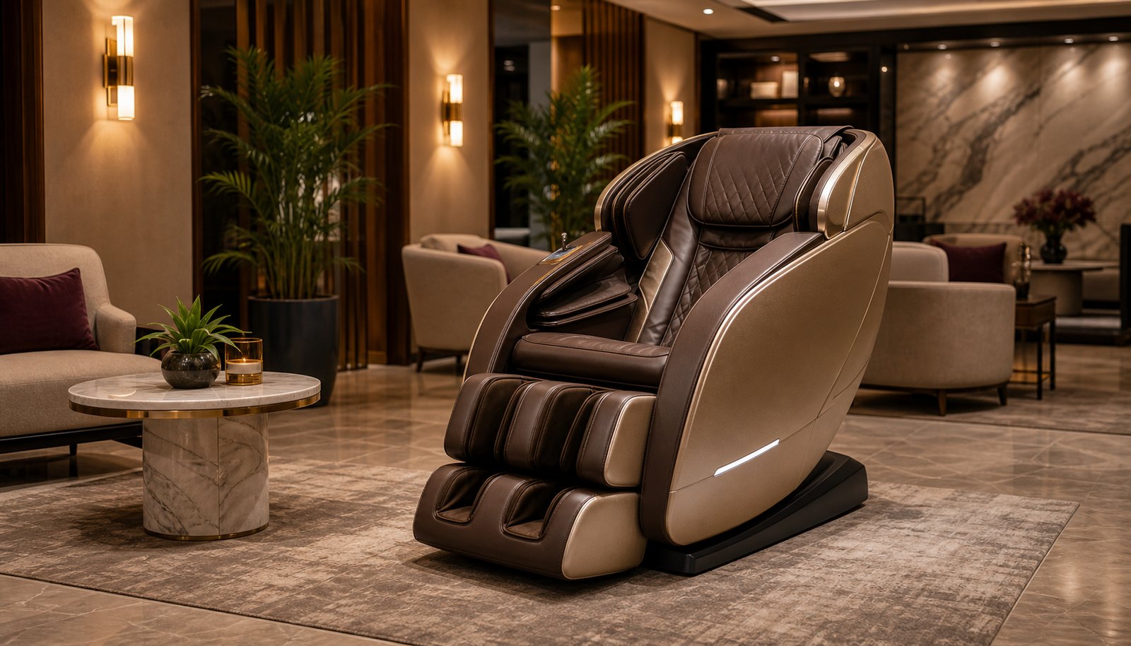 Premium brown massage chair in a luxury amenity lounge