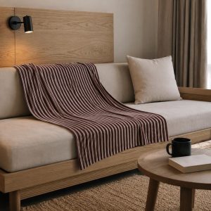 Burgundy Striped Velveteen Plush Throw Blanket