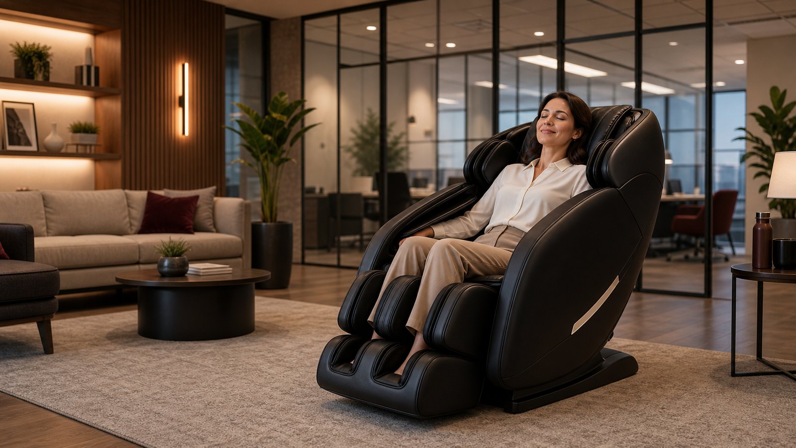 Professional relaxing in a massage chair in an office wellness room