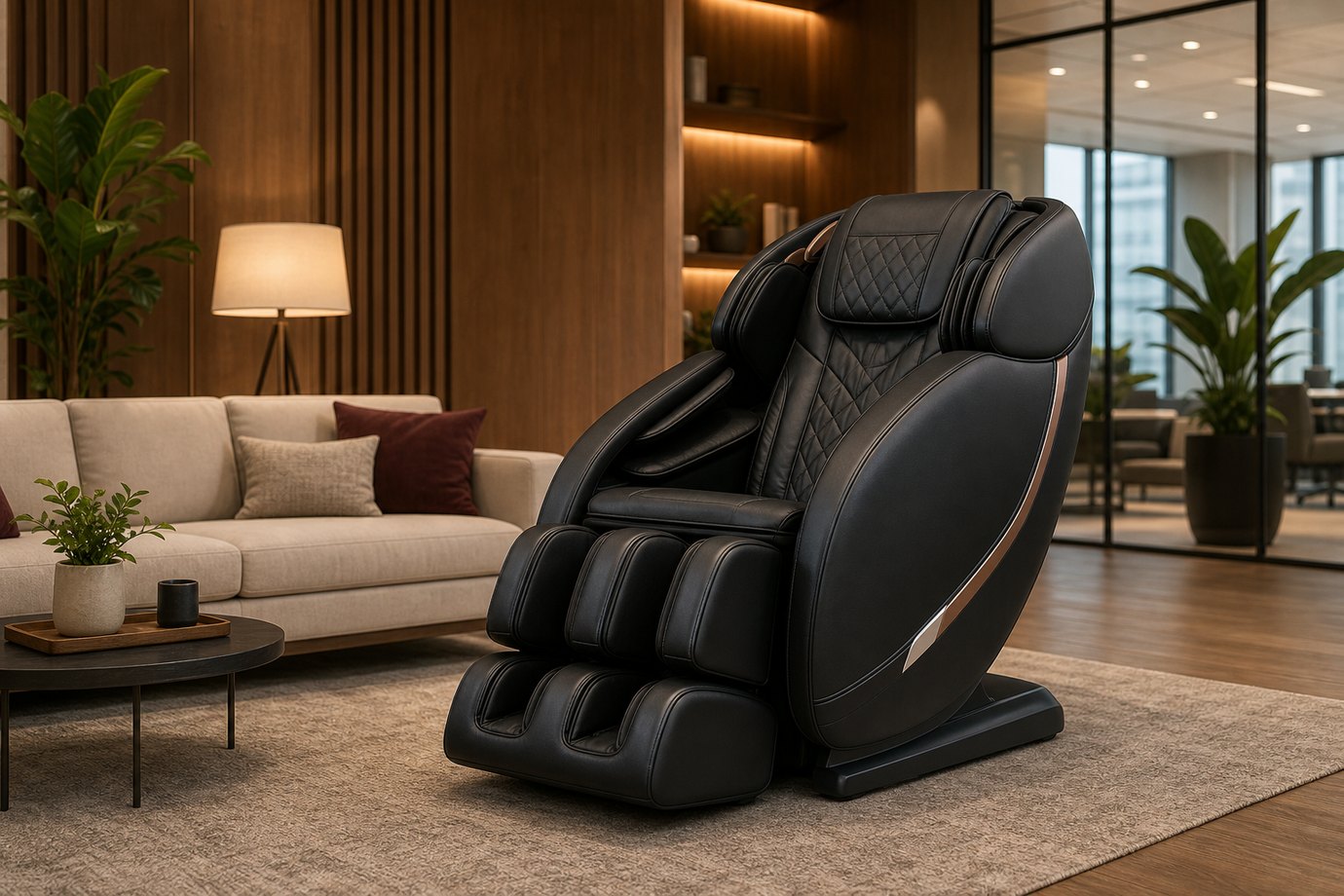 Black massage chair in a refined office recharge room